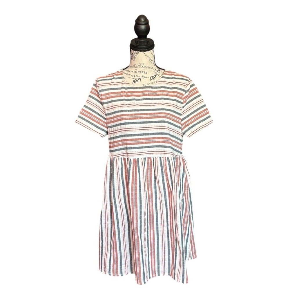Shein Womens Striped Cotton Babydoll Dress Short Sleeve Multicolor Size L 8/10‎